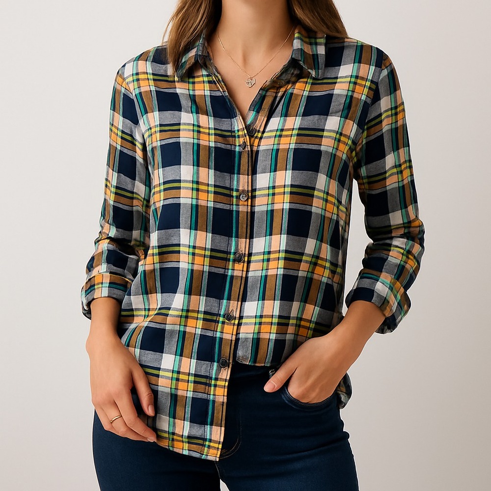 Talbots L Plaid Button Front Shirt‎ Navy Yellow Orange Roll Tab Sleeve Rayon
